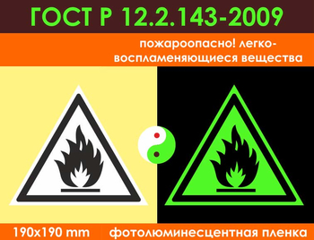 W01 пожароопасно! легковоспламеняющиеся вещества (фотолюминесцентная пленка гост р 12.2.143–2009, 200х200 мм) - Знаки безопасности - Фотолюминесцентные знаки - vektorb.ru
